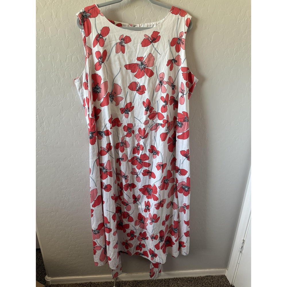 Anne Klein Dress Womens 2X Red White Sleeveless Floral Print Scoop Neck‎